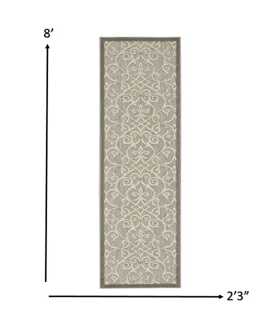 2' X 6' Gray And Ivory Floral Indoor Outdoor Area Rug