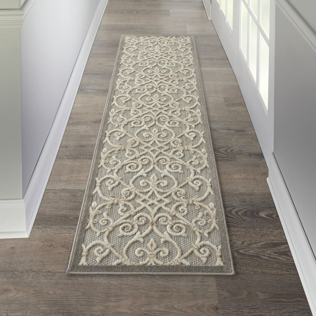 2' X 6' Gray And Ivory Floral Indoor Outdoor Area Rug