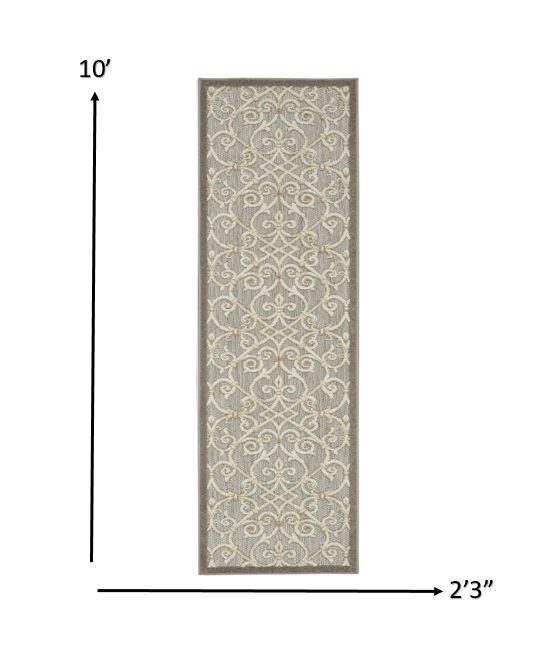 2' X 6' Gray And Ivory Floral Indoor Outdoor Area Rug