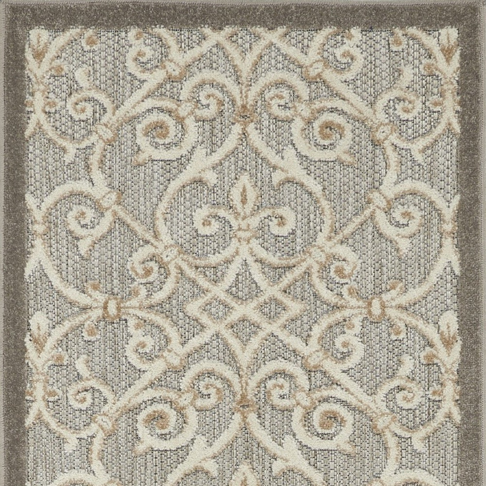 2' X 6' Gray And Ivory Floral Indoor Outdoor Area Rug