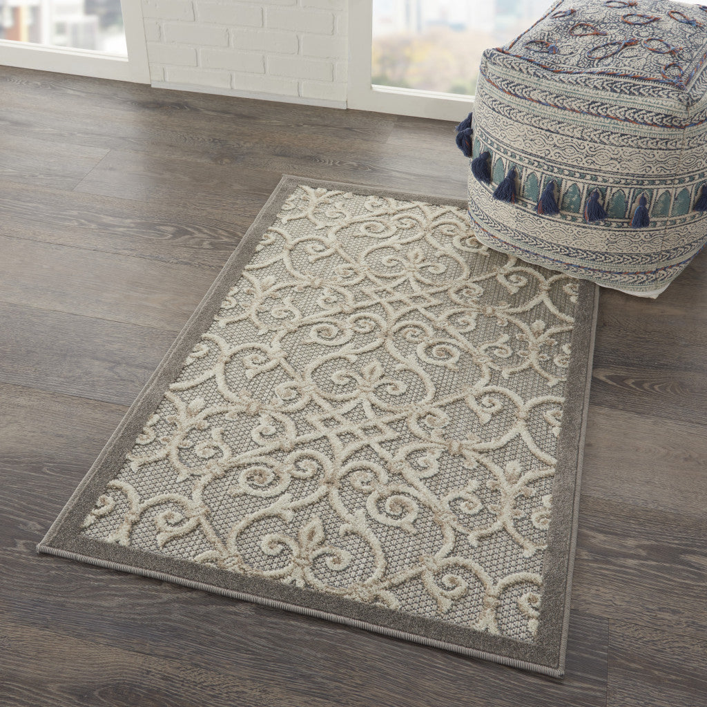 5' X 8' Gray And Ivory Floral Indoor Outdoor Area Rug