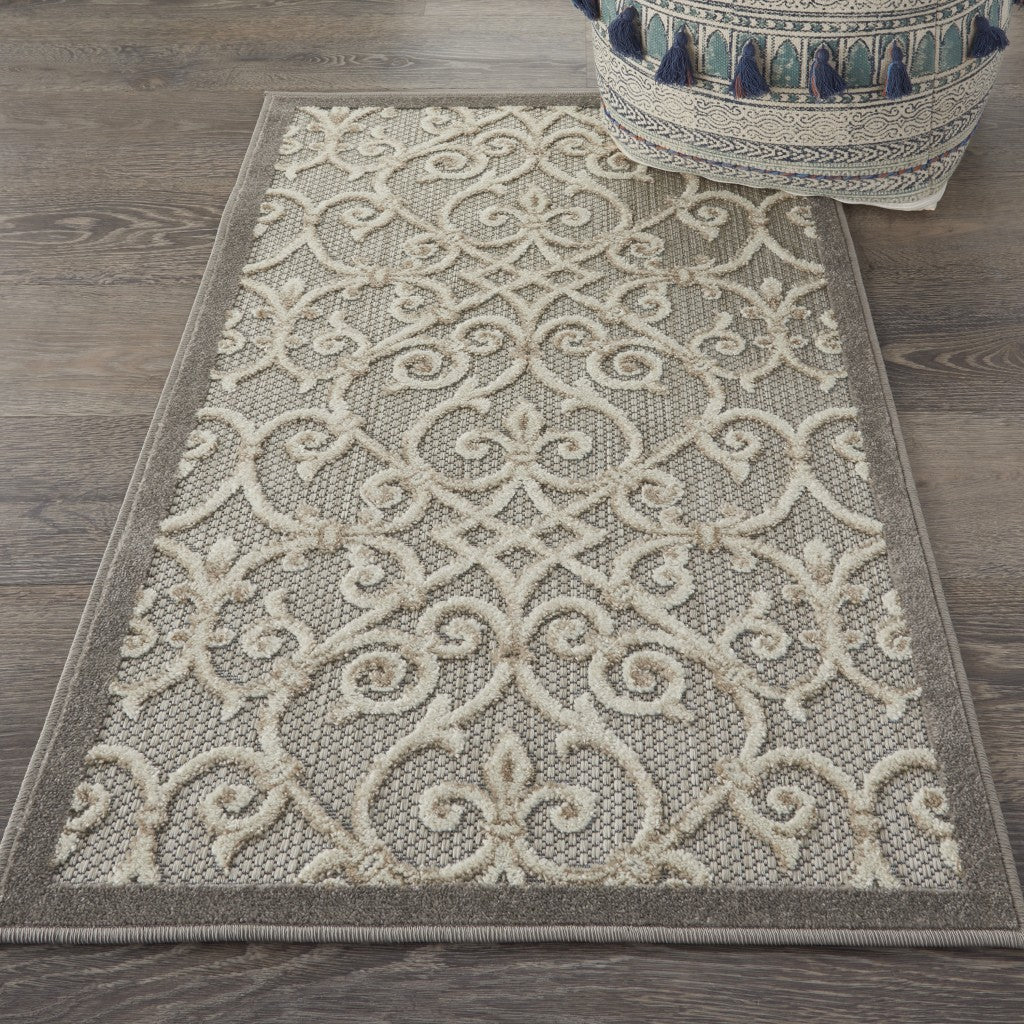 4' X 6' Gray And Ivory Floral Indoor Outdoor Area Rug