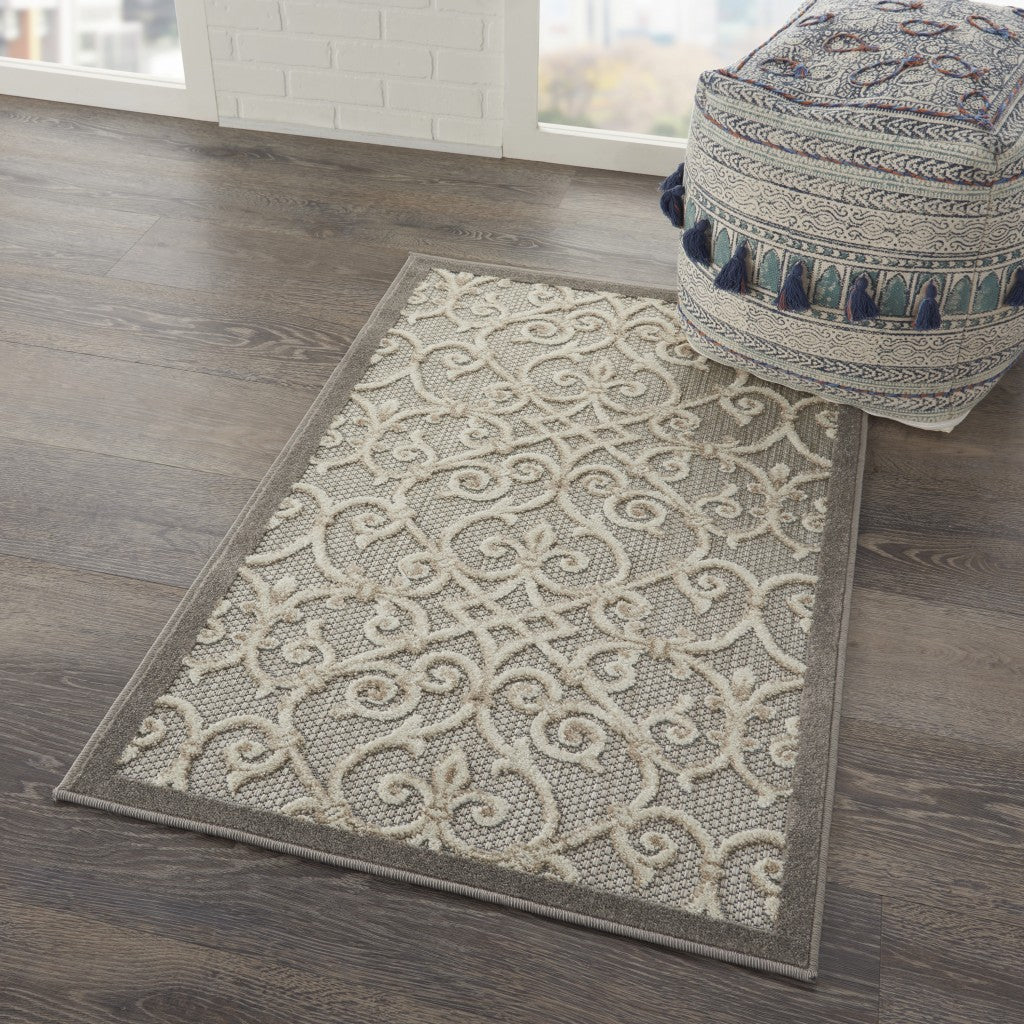 3' X 4' Gray And Ivory Floral Indoor Outdoor Area Rug