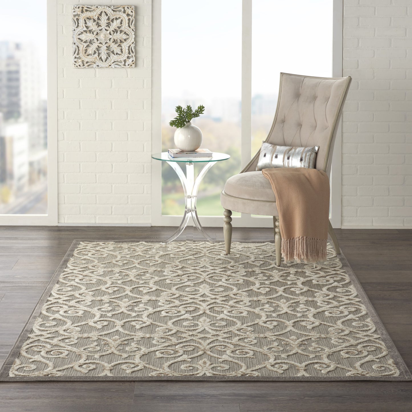 3' X 4' Gray And Ivory Floral Indoor Outdoor Area Rug