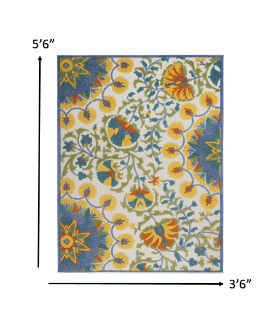 8' X 11' Ivory And Blue Floral Stain Resistant Indoor Outdoor Area Rug