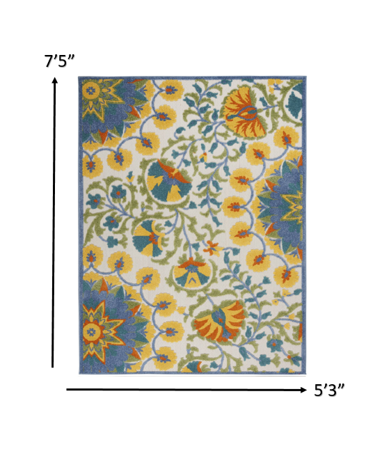 8' X 11' Ivory And Blue Floral Stain Resistant Indoor Outdoor Area Rug