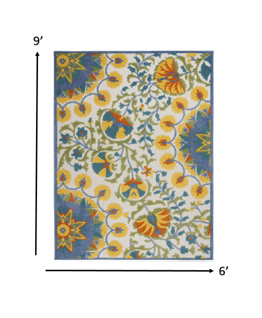 8' X 11' Ivory And Blue Floral Stain Resistant Indoor Outdoor Area Rug