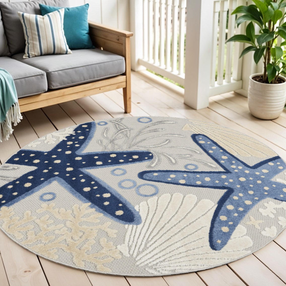 4' X 6' Blue And Gray Indoor Outdoor Area Rug