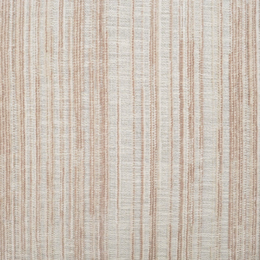 Beige striped woven fabric with vertical tan lines on a cream background; linen-like upholstery or drapery textile.