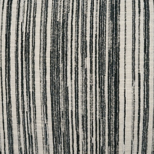 Vertical striped woven fabric in black and ivory with textured, irregular stripe widths.