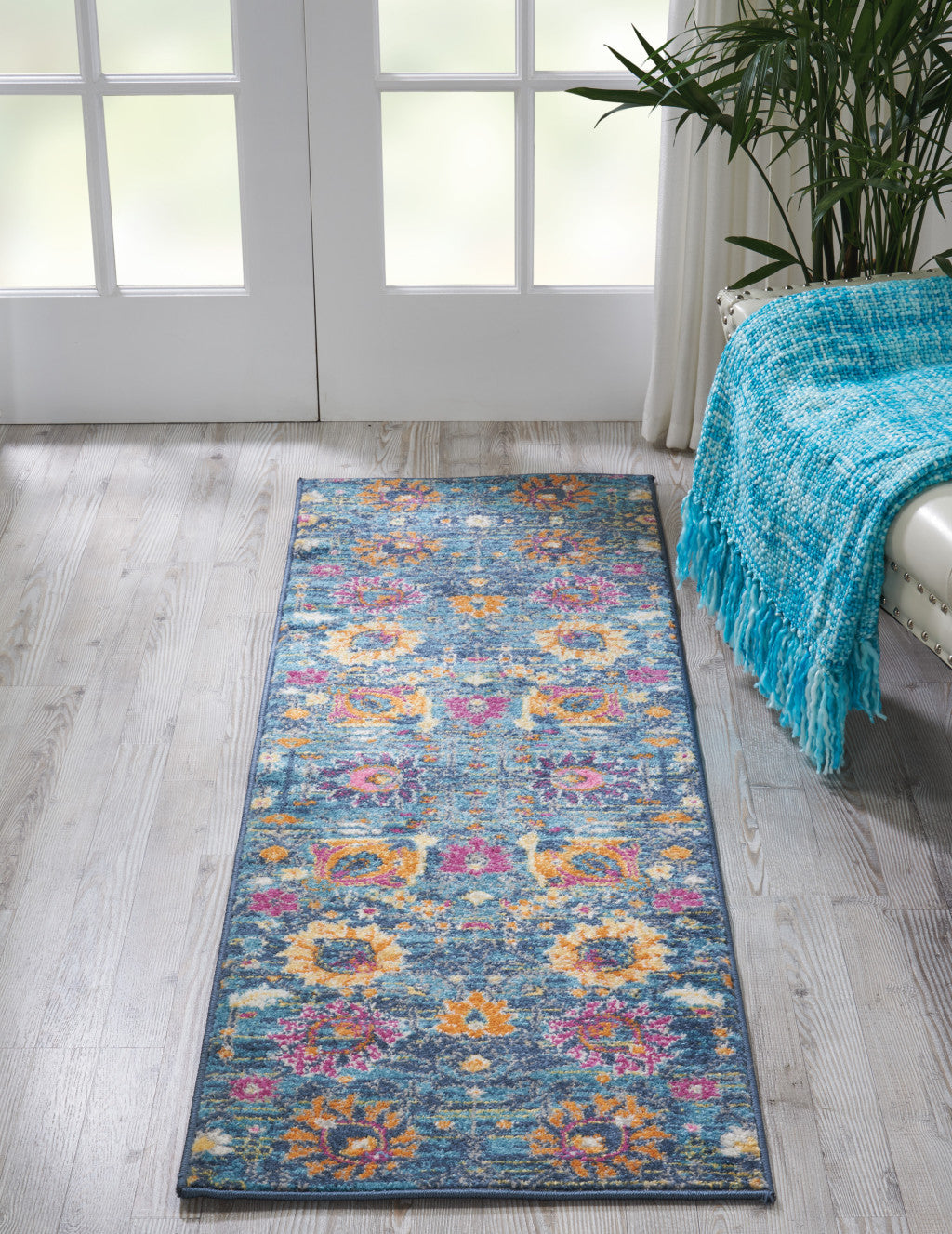 6' Blue And Orange Floral Power Loom Runner Rug