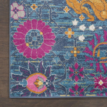 5' Blue And Orange Floral Distressed Round Rug