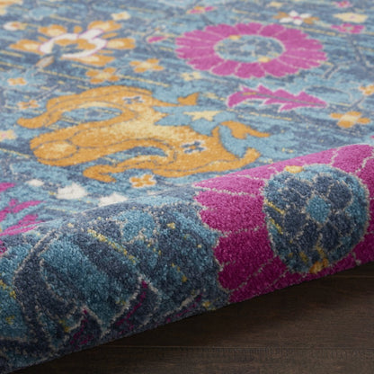 5' X 7' Blue And Orange Floral Distressed Area Rug