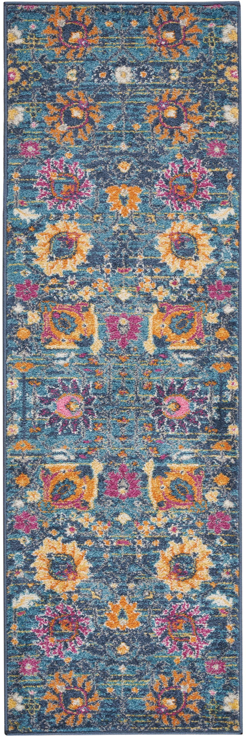 8' Blue And Orange Floral Power Loom Runner Rug