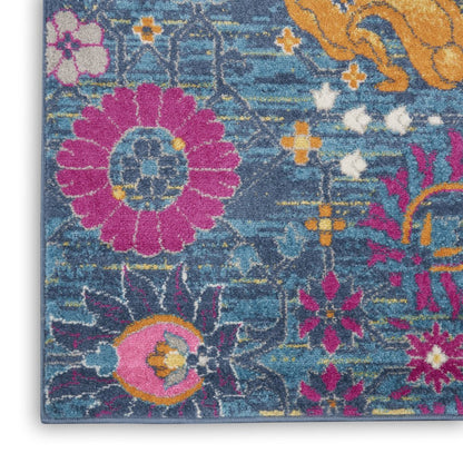 7' X 10' Blue And Orange Floral Distressed Area Rug