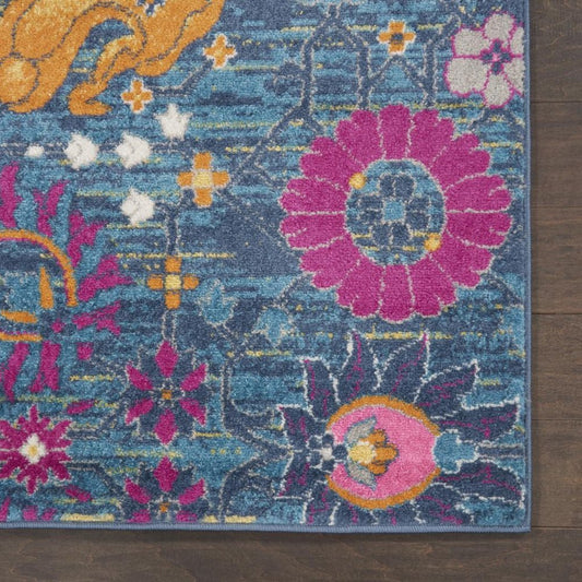 6' Blue And Orange Floral Distressed Runner Rug