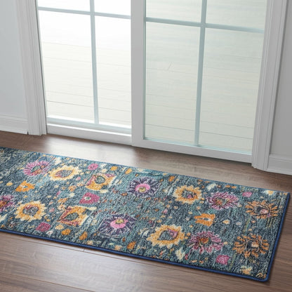 7' X 10' Blue And Orange Floral Distressed Area Rug