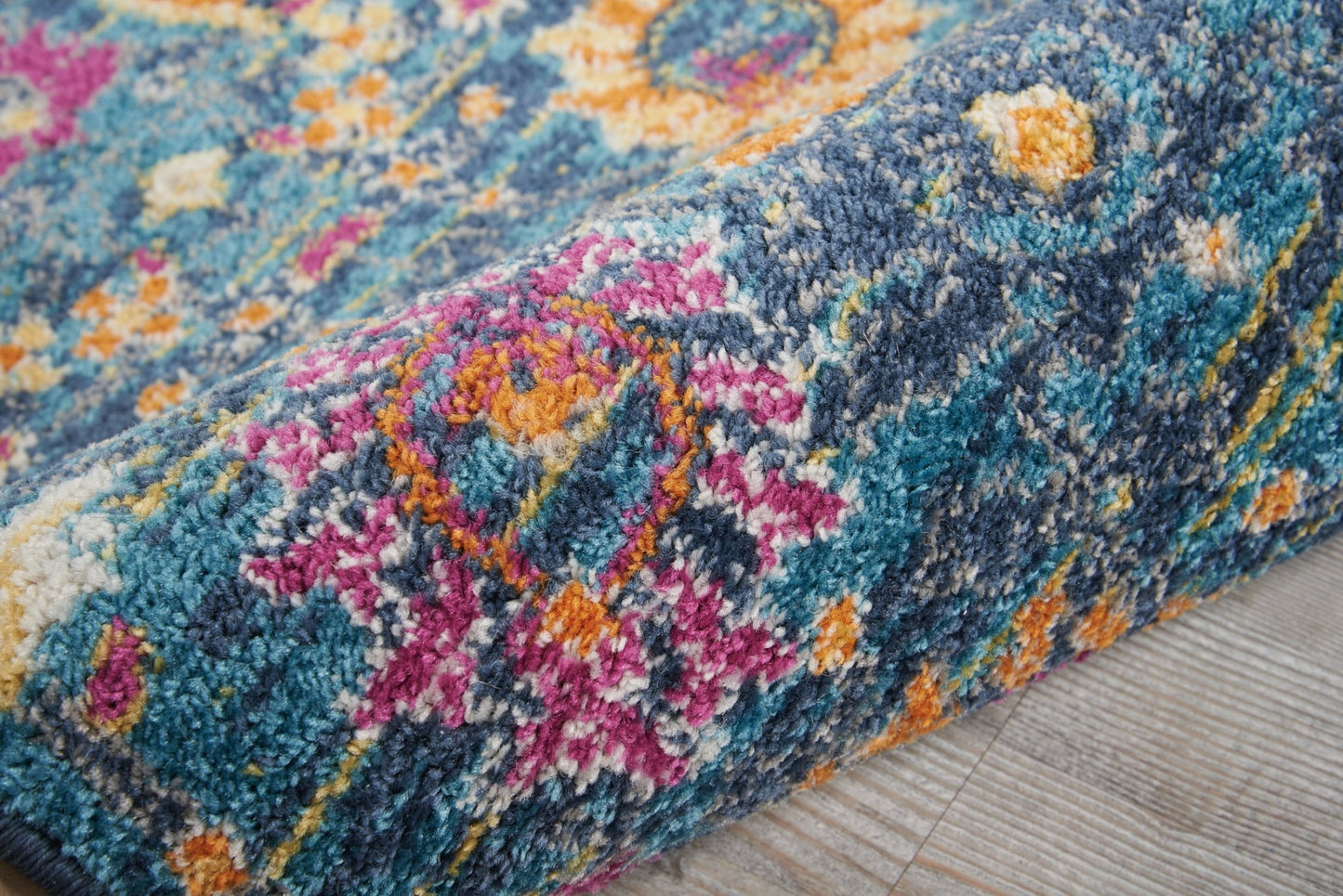 6' Blue And Orange Floral Power Loom Runner Rug