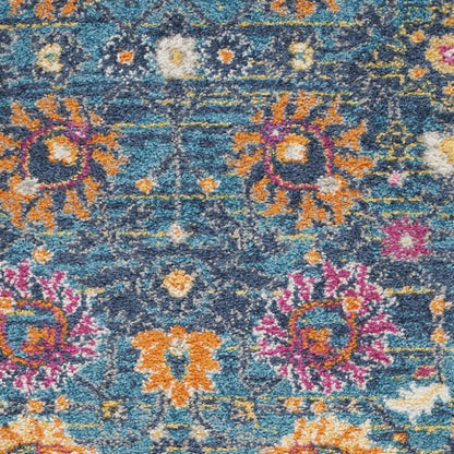 7' X 10' Blue And Orange Floral Distressed Area Rug