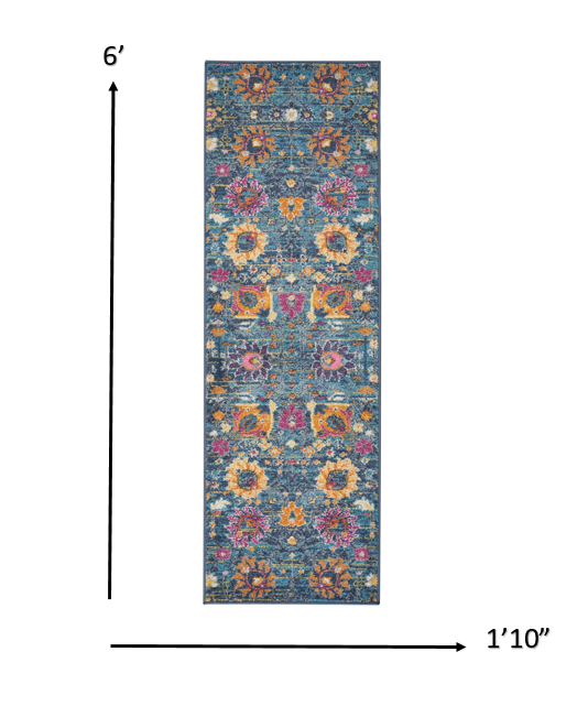 6' Blue And Orange Floral Power Loom Runner Rug