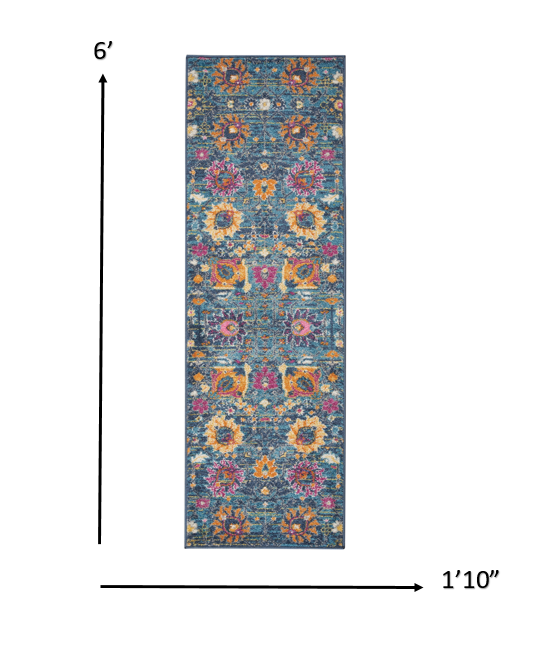 4' Blue And Orange Round Floral Power Loom Area Rug