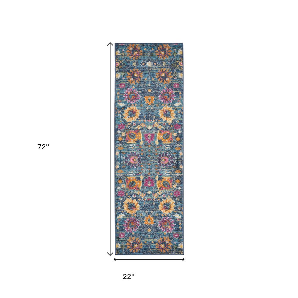 5' X 7' Blue And Orange Floral Distressed Area Rug