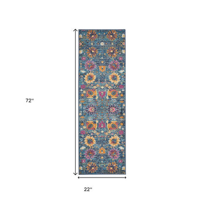 5' X 7' Blue And Orange Floral Distressed Area Rug