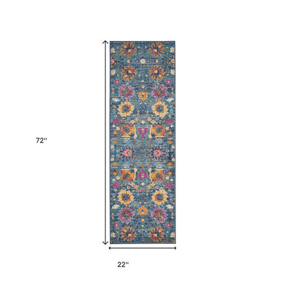 4' X 6' Blue And Orange Floral Distressed Area Rug