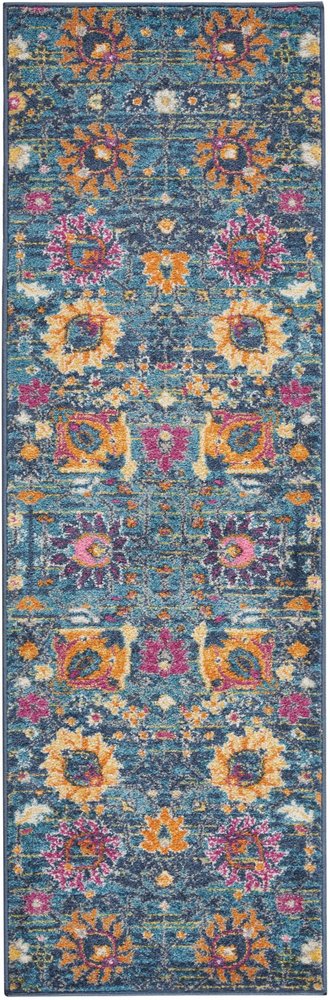 4' X 6' Blue And Orange Floral Distressed Area Rug