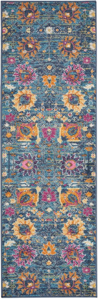 7' X 10' Blue And Orange Floral Distressed Area Rug