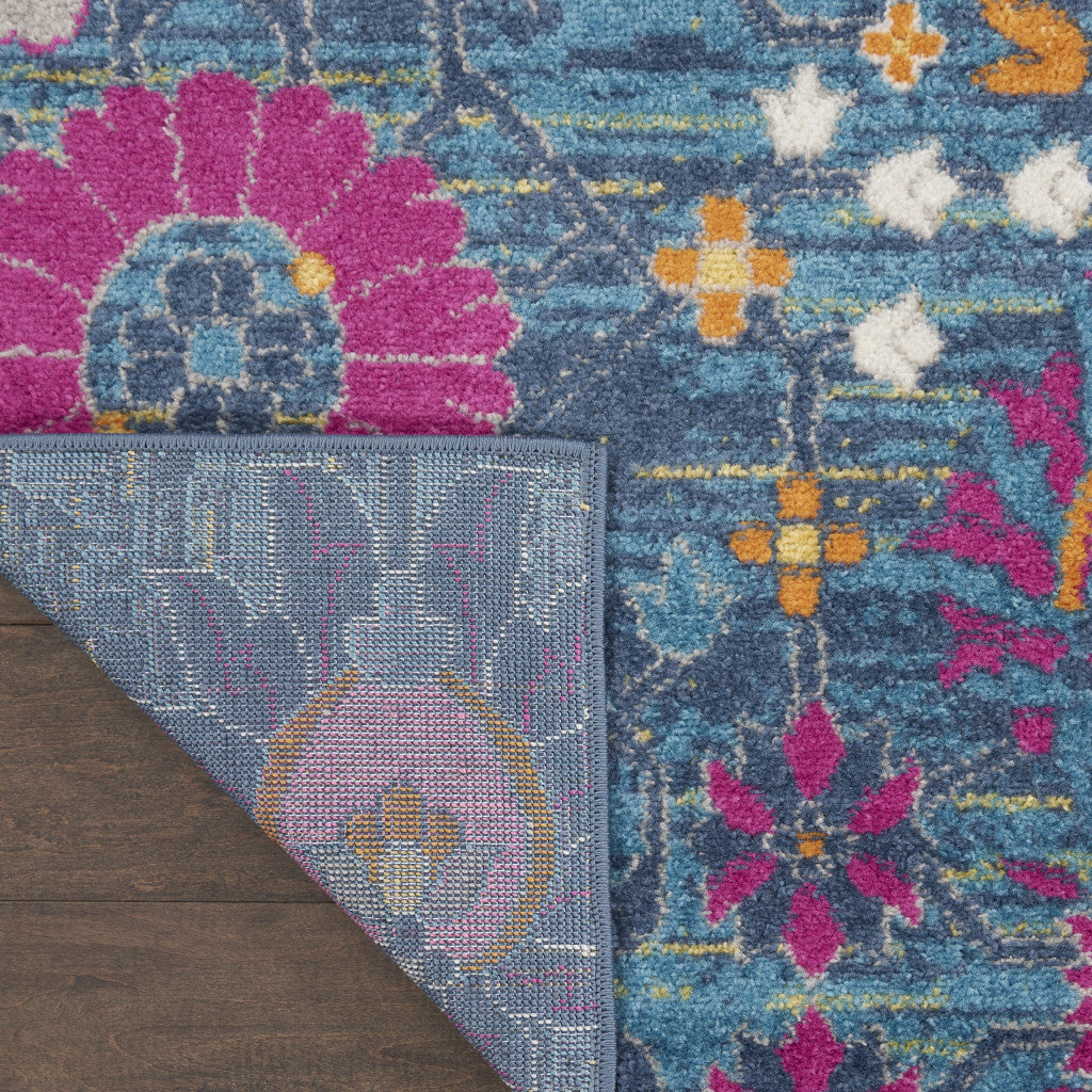 8' Blue And Orange Floral Power Loom Runner Rug