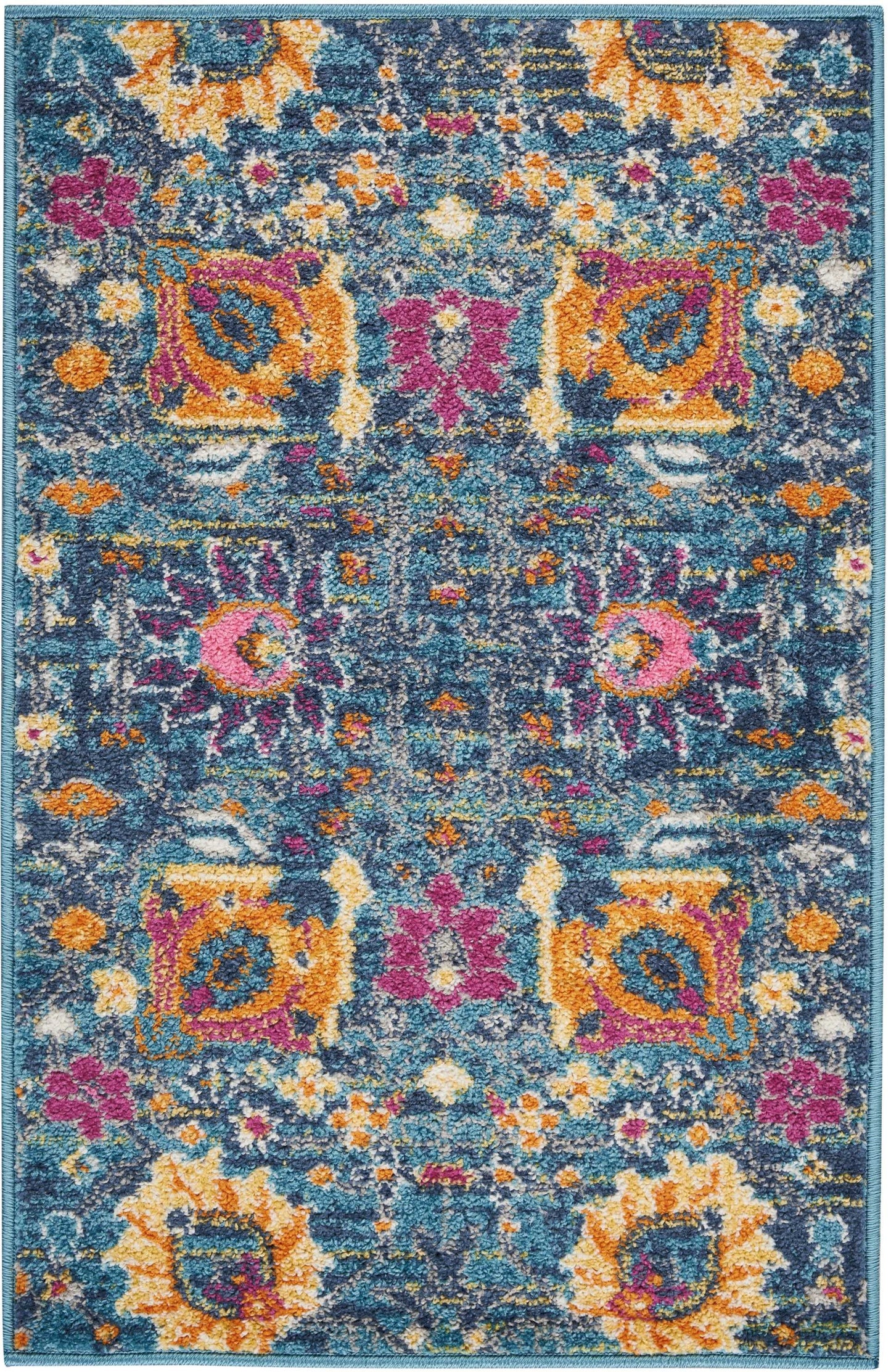 6' Blue And Orange Floral Power Loom Runner Rug