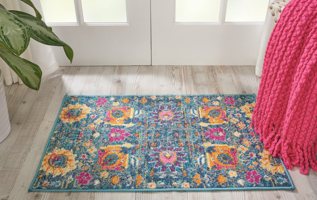 8' Blue And Orange Floral Power Loom Runner Rug