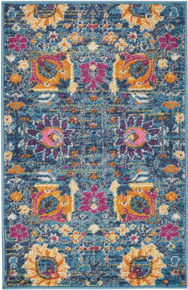 7' X 10' Blue And Orange Floral Distressed Area Rug