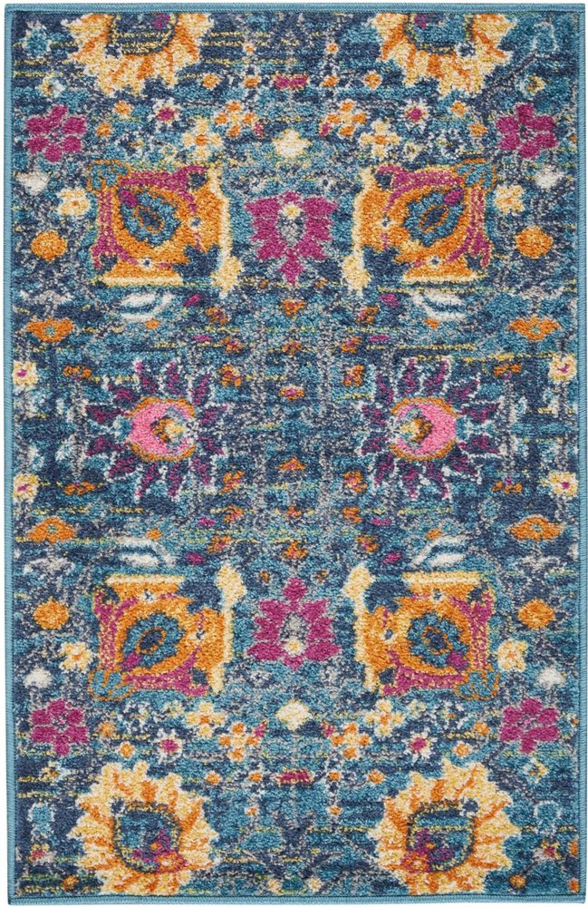 4' X 6' Blue And Orange Floral Distressed Area Rug