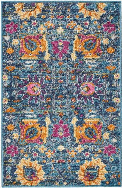 4' X 6' Blue And Orange Floral Distressed Area Rug