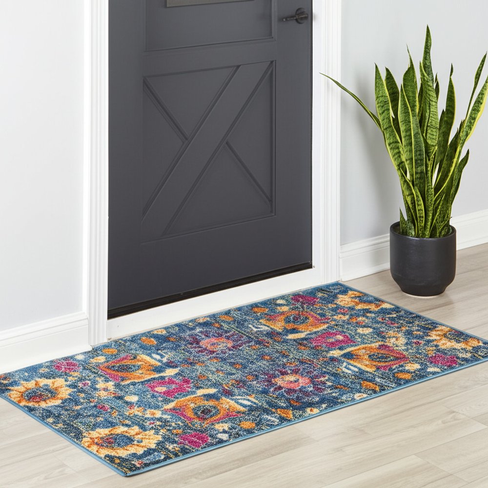 4' X 6' Blue And Orange Floral Distressed Area Rug