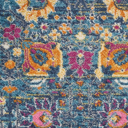 7' X 10' Blue And Orange Floral Distressed Area Rug
