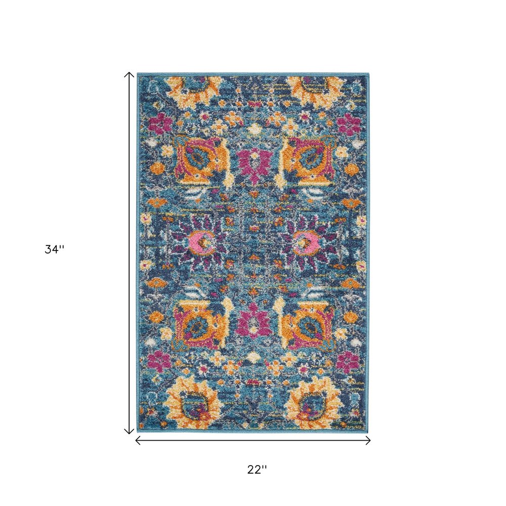 4' X 6' Blue And Orange Floral Distressed Area Rug