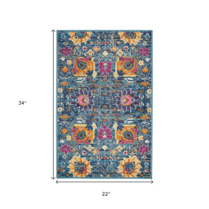 4' X 6' Blue And Orange Floral Distressed Area Rug