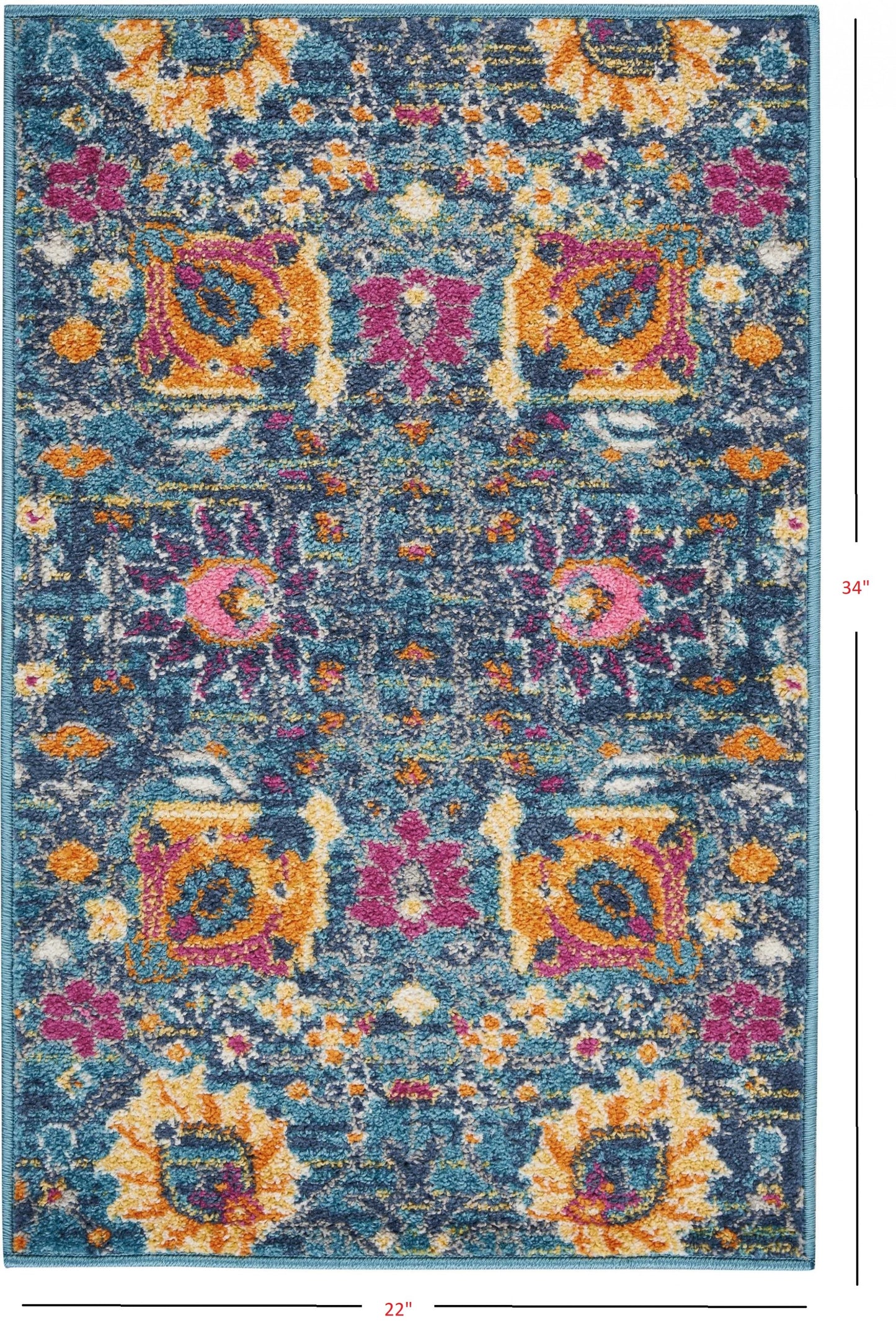 8' Blue And Orange Floral Power Loom Runner Rug