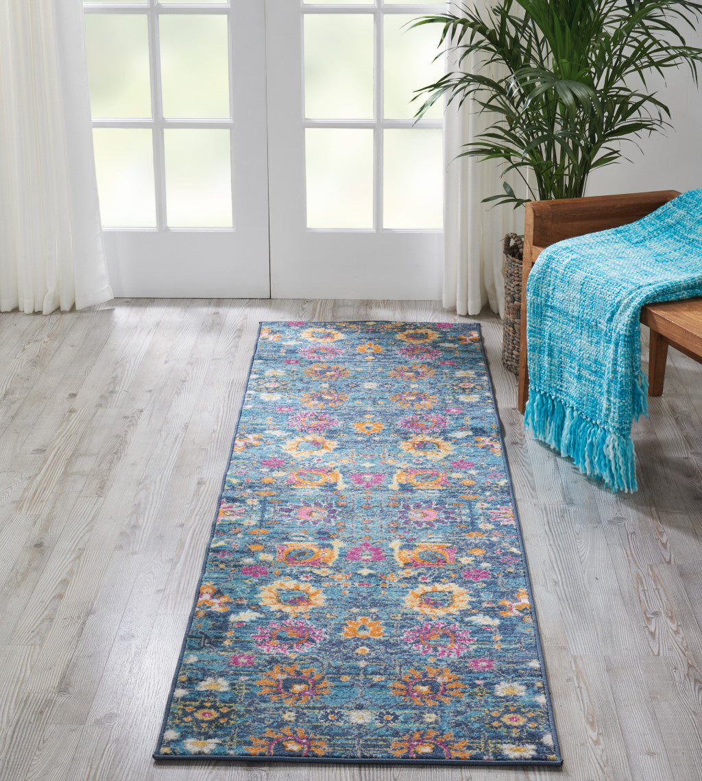 8' Blue And Orange Floral Power Loom Runner Rug