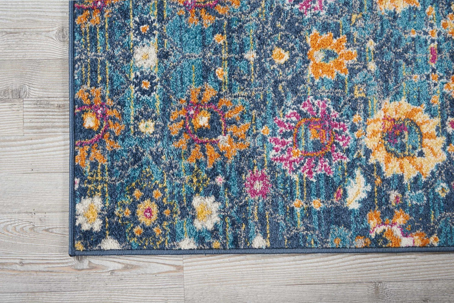 6' Blue And Orange Floral Power Loom Runner Rug