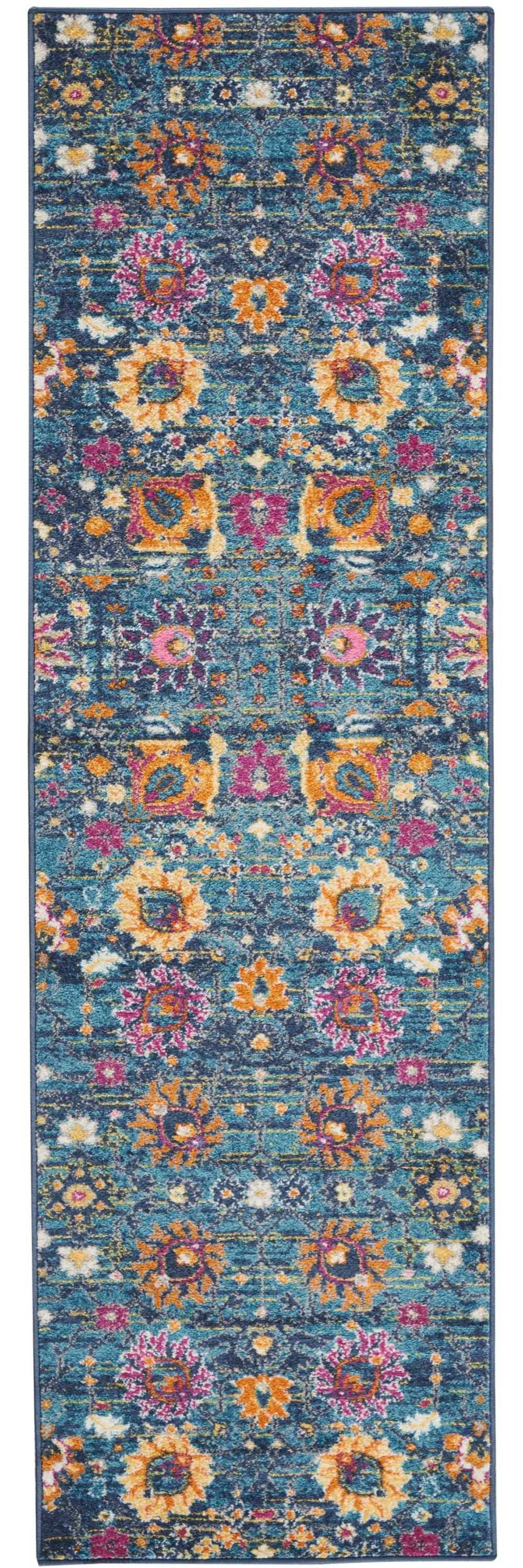 6' Blue And Orange Floral Power Loom Runner Rug