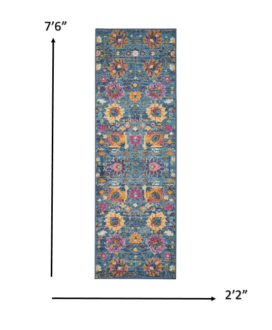 6' Blue And Orange Floral Power Loom Runner Rug