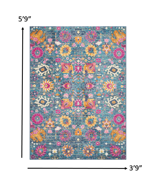 4' Blue And Orange Round Floral Power Loom Area Rug
