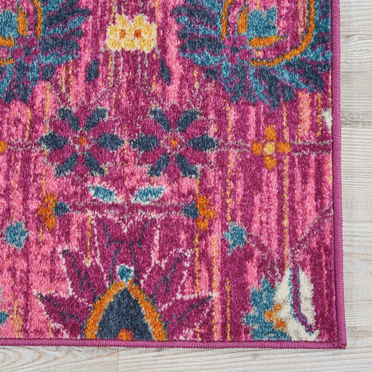 8' Fuchsia And Orange Floral Distressed Runner Rug