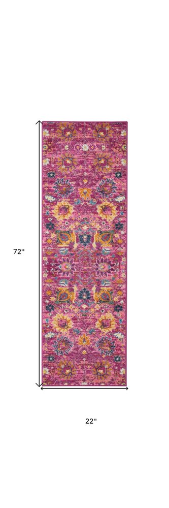 8' X 10' Fuchsia And Orange Floral Distressed Area Rug