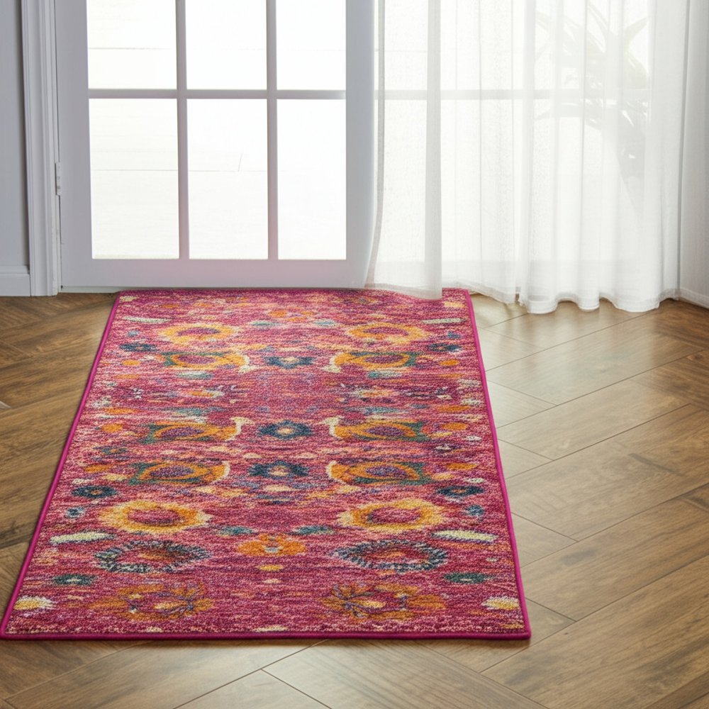 8' X 10' Fuchsia And Orange Floral Distressed Area Rug