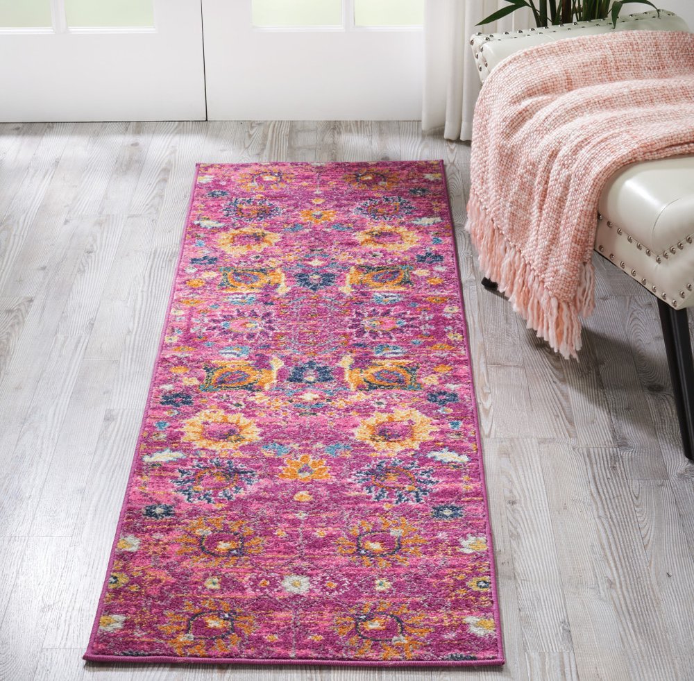 8' X 10' Fuchsia And Orange Floral Distressed Area Rug